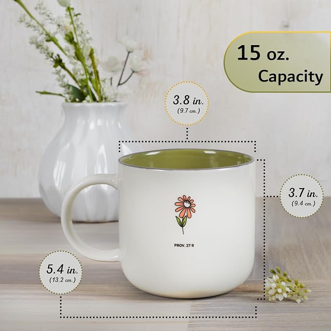 Christian Art Gifts Large Ceramic Coffee & Tea Mug for Women & Friends: Sweet Friendship - Proverbs 27:9 Scripture, Cute Microwave/Dishwasher Safe Floral Cup, Sage Green/White, 15 oz. - Image 2