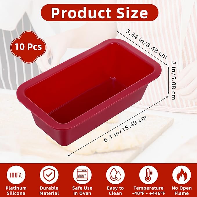 Tobeelec 10 Pcs Silicone Bread Loaf Pan, Non-Stick Silicone Loaf Pans for Baking, Silicone Baking Mold for Homemade Loaf, Bread and Meatloaf (Red)
