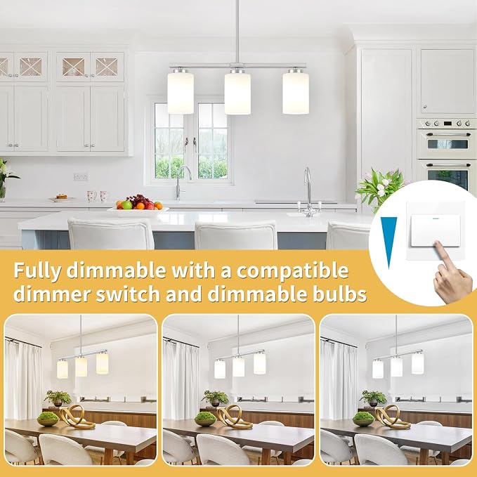 Brushed Nickel Kitchen Island Lighting Modern Dining Room Light Fixtures | 3-Light Linear Chandelier Over Table, 21.25'' Island Lights for Kitchen White Frosted Glass Shades, Adjustable Height - Image 7