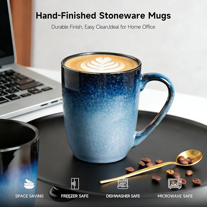 MONITO Large Ceramic Coffee Mugs Set with Handle for Tea/Latte/Cappuccino/Milk/Cocoa, Ice-Snow Blue 14oz, Set of 6, Funny Tea Cups for Office and Home - Image 5