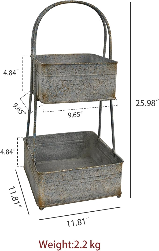 Vintage Metal Storage Basket 2-Tier 25.98" H Farmhouse Distressed Kitchen Counter Organizers Rustic Double-Layer Organizing Bin for Kitchen Pantry (Gray) - Image 2