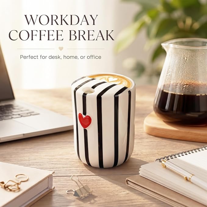 Ceramic Mug with Sip Hole 10 oz Novelty Black Striped Red Heart Ceramic Coffee Mug Hand Painted Travel Mugs Heat Resistant Non Slip Built in One Lid Mugs for Coffee Lovers Appreciation Gift - Image 6