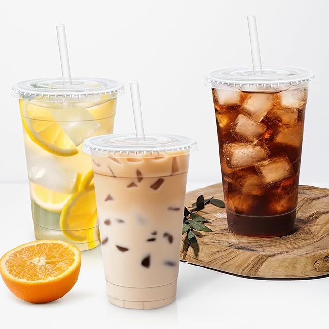 Lamosi 100 Pack 24 oz Clear Plastic Cups with Lids and Straws, Disposable Plastic Coffee Cups with Lids for Iced Coffee, Cold Beverages, Smoothies and To-Go Drinks