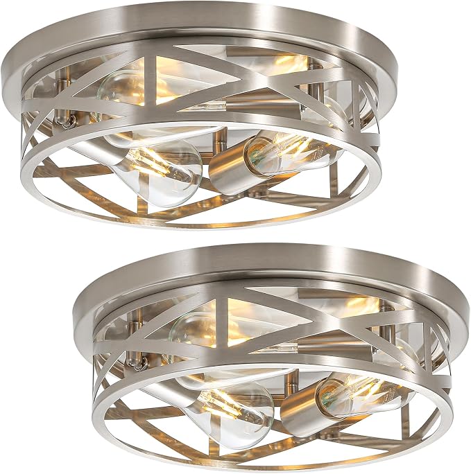 2 Pack Close to Ceiling Light Fixtures, 3-Lights Brushed Nickel Flush Mount Ceiling Light, 13 Inch Indoor Metal Cage Semi Flush Mount Ceiling Light for House Bedroom Laundry Hallway Kitchen by Wyneyet