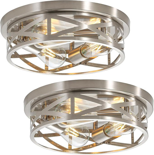 2 Pack Close to Ceiling Light Fixtures, 3-Lights Brushed Nickel Flush Mount Ceiling Light, 13 Inch Indoor Metal Cage Semi Flush Mount Ceiling Light for House Bedroom Laundry Hallway Kitchen by Wyneyet
