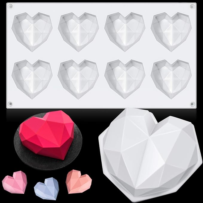 2 Pieces Valentine‘s Day Diamond Heart Mousse Cake Mold and 8 Cup Diamond Chocolate Silicone Dessert Mould Heart Geometric Baking Mold Non-stick Mould for Mousse, Chocolate, Browni (White) by Patelai
