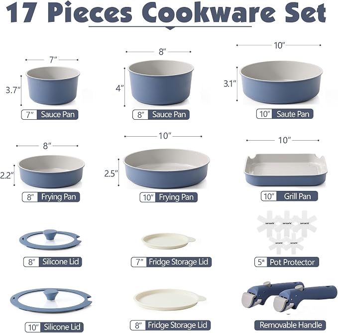 SENSARTE 17 Piece Ceramic Detachable Handle Pots and Pans Set Navy | Ceramic Cookware Set, Induction Cookware Set with Removable Handle, Healthy Non Stick for RV, Dishwasher ＆ Oven Safe - Image 2