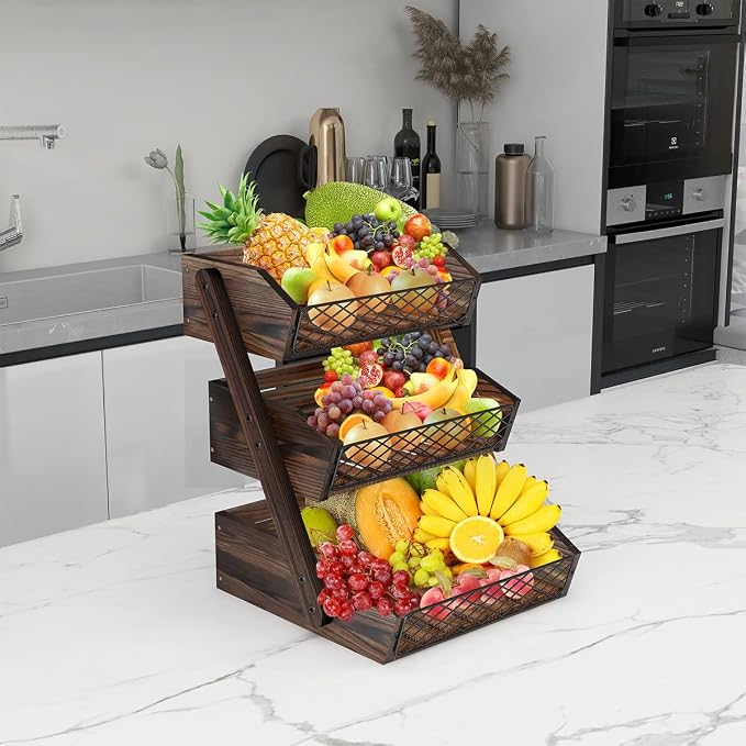 Dorhors Fruit Basket for Kitchen Counter Organizer,Fruit Bowl Stand Storage | 3 tier Rustic Brown Vegetable Holder,Wood Bread Display Rack,Kitchen Countertop Organizer Shelf for Snack,Onion,Banana,Potato - Image 5