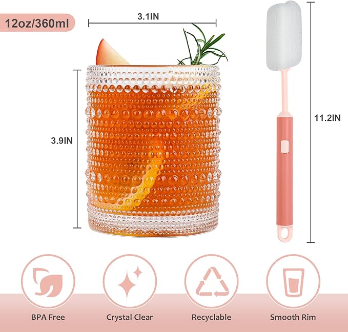 ZMOWIPDL Drinking Glasses Set of 6,12oz Clear Hobnail Glass Cups | Vintage Glassware，Embossed Water Tumbler,for Beer,Cocktail,Whiskey,Juice and Various Mixed Drinks- 1 Cleaning Brush - Image 2