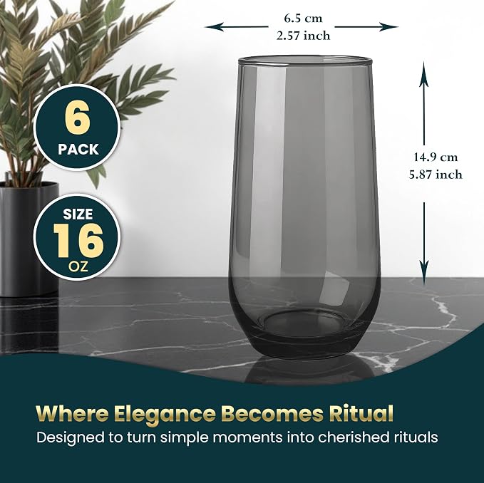 Grey Drinking Glasses Set of 6 | Translucent Black Glassware | 16 oz Smoked Grey Glass Cups | Highball Drinkware for Cocktails, Long Drink, Mojito, Juice, Soda | Modern Charcoal Drinkware - Image 2