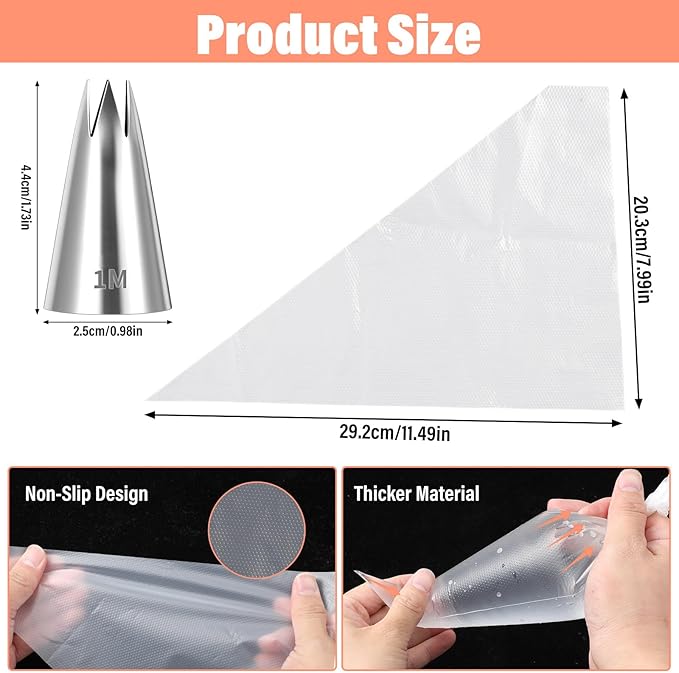 3Pcs 1M Piping Tips Set with 10 Piping Bags, Stainless Steel 1M Star Tips Frosting Tip Boquillas Para Reposteria,Seamless Icing Tip for Cake Decorating Baking DIY
