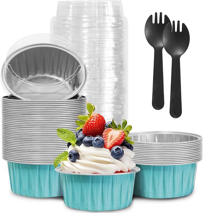 50Pcs Mini Aluminum Foil Cupcake,5oz Light Blue Baking Cups with Lids | Mini Cake Pans,Oven Air Fryers Safe,Loaf Pan with Lids,Disposable Ramekins,Tin Cups Containers for Cupcake,Pudding,Cheesecake by YOIYINI