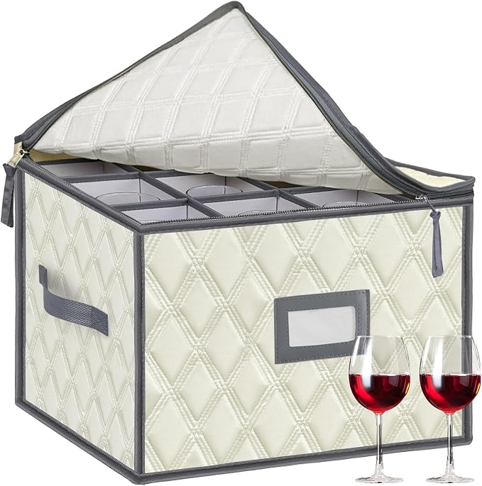 Christmas Stemware Storage Cases with Dividers- Holds 12 Wine Glass Storage or Crystal Glassware Containers, China Storage Containers with 2 Handles and Label Window -Set of 1 Beige by VERONLY