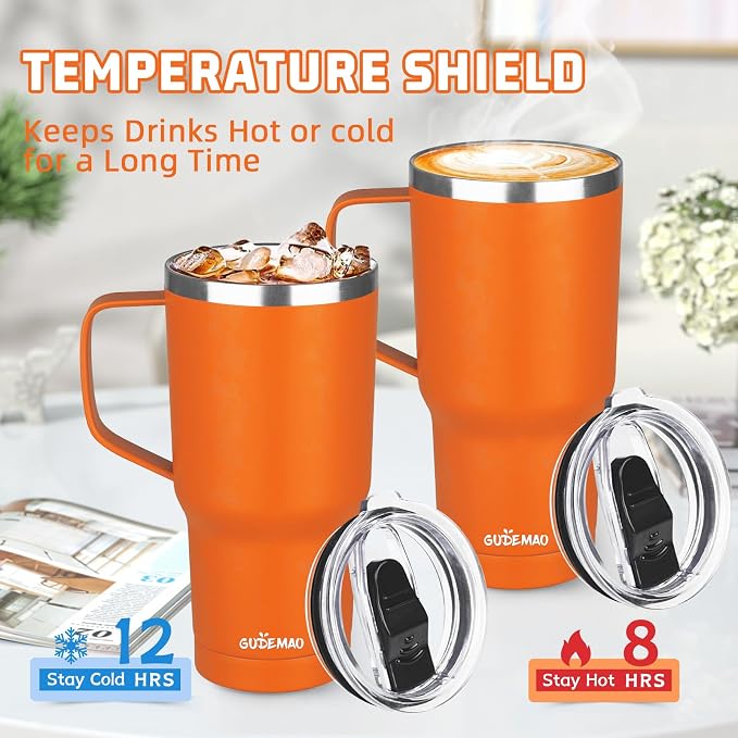 20 oz Insulated Coffee Mug with Ceramic Coating, Stainless Steel Travel Mug Tumbler with Handle Lid and Straw, Double Wall Leak-Proof Coffee Travel Mug Keeps Drink Hot and Cold (Orange) - Image 4