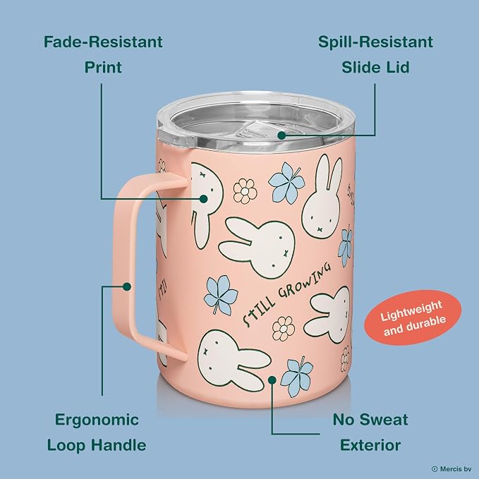 Dragon Glassware | Miffy Stainless Steel Camp Mug with Lid, 12 oz - Pink | Nijntje Insulated Camping Mug For Coffee, Tea, Matcha & Hot Beverages; Miffy Mug with Lid - Image 4