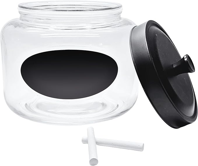 Kitchen and Laundry Storage Glass Jar – Wide Mouth Round Glass Storage Container with Black Steel Lid and Chalkboard Label - 2 Sticks of Chalk Included (1, 3L | 101oz | 0.8 Gallon)