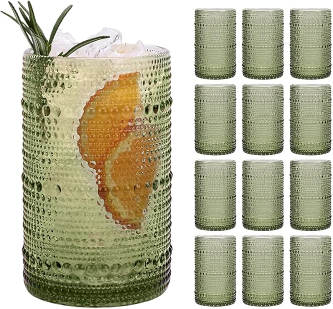 Moretoes 12 Pack 15 Oz Green Large Hobnail Drinking Glasses Set | Vintage Glassware,Embossed Glass Cups,Water Tumbler,Highball Glasses For Beer, Juice And Various Mixed Drinks by Moretoes