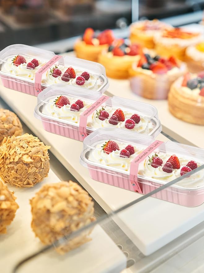 150 Pack 6.8 oz Disposable Mini Loaf Pans with Lids and Spoons - 6.5x2.5x1.2 Pink Aluminum Loaf Pans, Small Aluminum Tin Foil Baking Pan, Food Containers for Baking, Cakes, Bread, Loaves