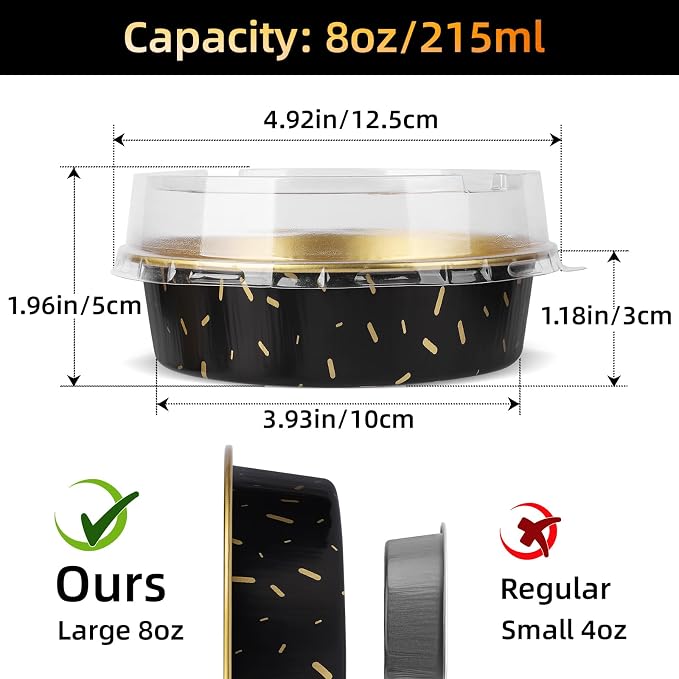 Beasea Pie Tins with Lids 8oz, 120 Pack 4 Inch Disposable Mini Creme Brulee Ramekins Gold Black Small Aluminum Foil Pie Tart Cake Baking Pans Individual Round Containers Oven Safe for Baking - Image 2
