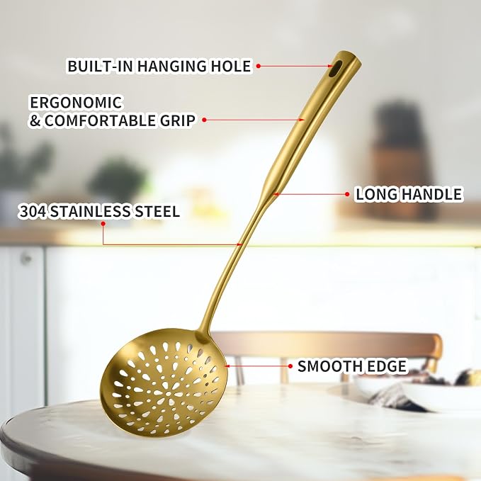 304 Stainless Steel Kitchen Cooking Utensils Set - 9 PCS Serving Utensils, Include Skimmer, Soup Ladle, Spaghetti Server, Wok Spatula, Slotted & Solid Spoon, Slotted Spatula Turner, Meat Fork (Gold） - Image 4