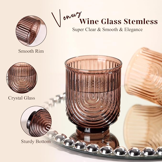 Venus Vintage Drinking Glasses Set of 6-15oz Hand-Blown Highball Ribbed Glassware, Arch Design Cocktail Glasses for Whiskey Water Beverages Ice Coffee Juice Milk - Image 4
