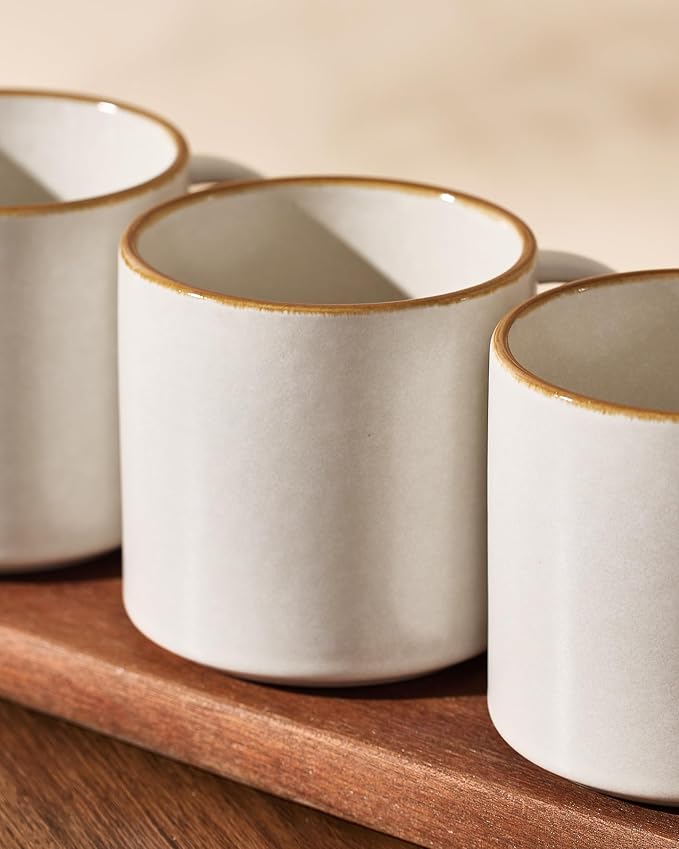 famiware Coffee Mugs Set of 4 Nebula 14oz Coffee Mugs, Ceramic Cup Set with Handle for Latte, Tea, Milk, Cappuccino, Cocoa, Matte Beige White with Brown Rim - Image 6