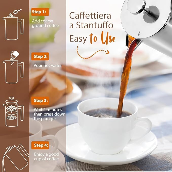 Miuly 21OZ French Press Coffee Maker 600ML Stainless Steel Coffee Press with 3 Level Filtration System, Double Wall Insulated French Press with 2 Filters
