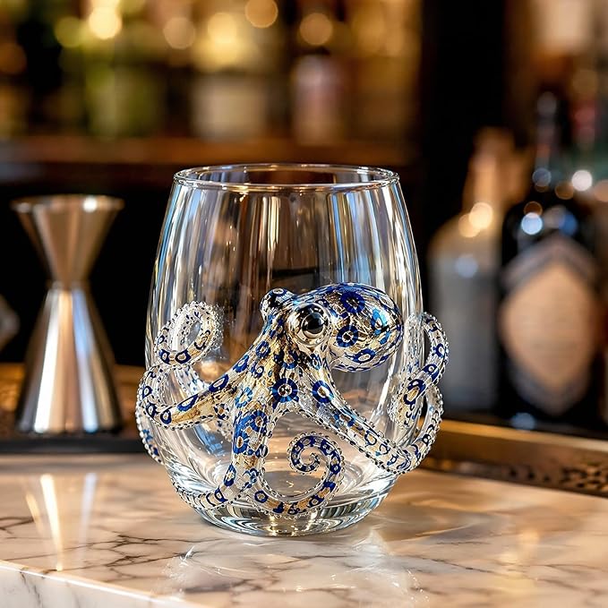 Ocean-Themed Blue Ringed Octopus Hand-Blown Glassware | Ocean-themed octopus glassware: hand-blown coastal stemless wine glasses for ocean lovers - Image 5