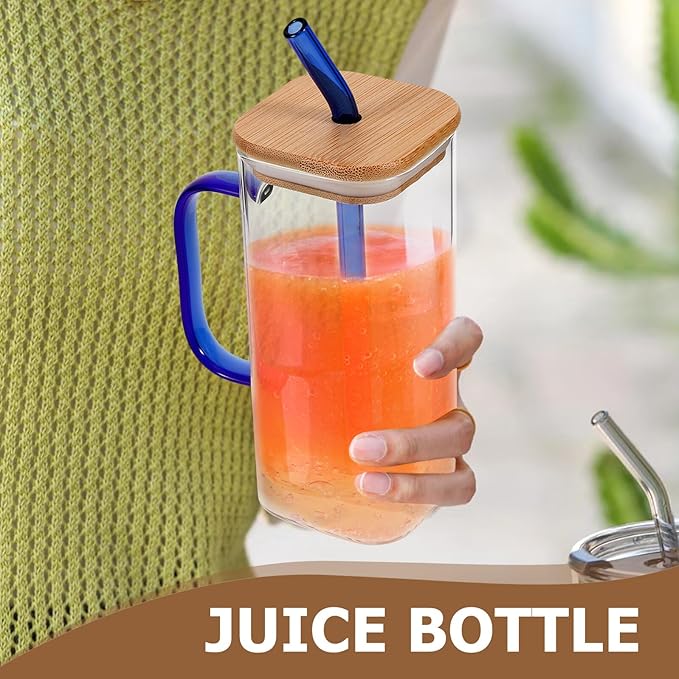 Luxshiny High Temperature Resistant Transparent Glass Cup with Lid and Straw Black Square Tumbler for Iced Coffee Juice Tea Milk Drinking Bottle with Handle for Students and Summer Use