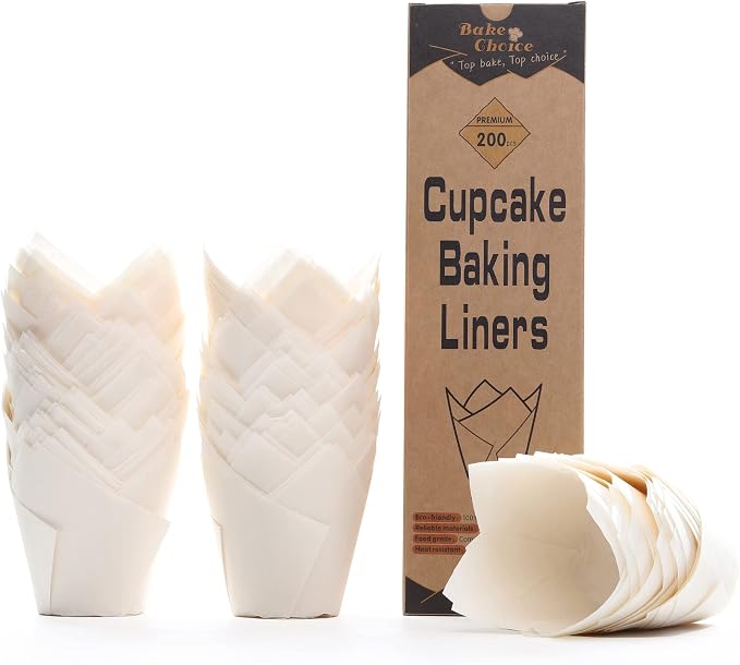 Bake Choice 200pcs White Tulip Cupcake Liners for Baking, Standard Size | Tulip Muffin Liners, European Parchment Paper, Cupcake Wrapper for Party, Christmas by BakeChoice
