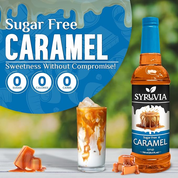 Syruvia Sugar-Free Caramel - 25.4 fl oz. Premium Coffee Flavoring Syrup. 0 Calories, Kosher, and Gluten-Free. Perfect for Drinks, Sodas, Shakes, Desserts, and More With Pump (Pack of 2)