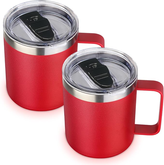 Volhoply 14oz Insulated Stainless Steel Coffee Mug with Lid Bulk 2 Pack,Double Wall Vacuum Travel Coffee Cup with Handle,Reusable Cups Tumbler,Camping Mugs Keep Hot/Cold,Ideal Gifts(Red,2) by LiveFully%EF%BC%8CDrinkFreely%E2%80%94KeepGoingwithVolhoply%EF%BC%81