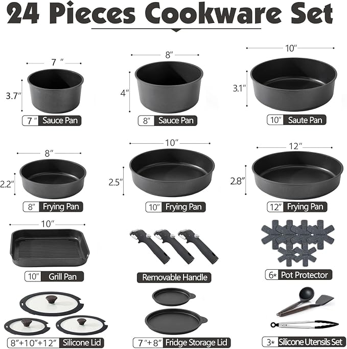 SENSARTE 24 Piece Nonstick Detachable Handle Pots and Pans Set Black | Removable Handle Cookware Set, Induction Cookware Set with Removable Handle, Healthy Non Stick for RV, Dishwasher ＆ Oven Safe - Image 2
