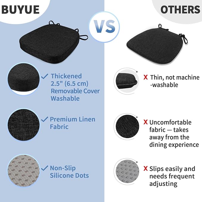 BUYUE Thickened 2.5" Dining Chair Cushions Set of 4, U-Shape High Density Foam Comfortable Chair Pads for Kitchen, Slip Resistant Indoor Seat Cushions (4 PCS, Black) - Image 6