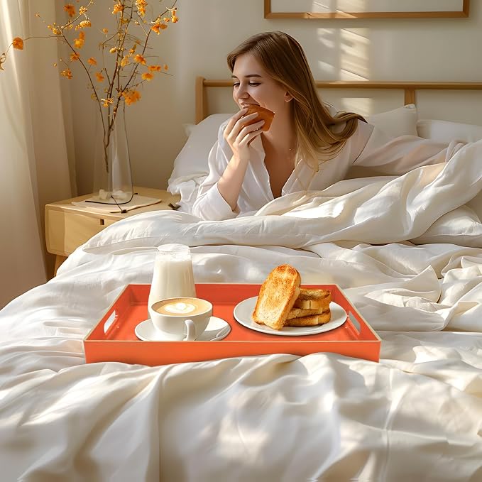 MAONAME Orange Decorative Tray for Coffee Table, Serving Tray with Handles | Plastic Melamine Tray, Modern Ottoman Tray, Rectangular Countertop Organizer Tray for Living Room, 15.8"L x 10.2"W x 1.4"H - Image 6