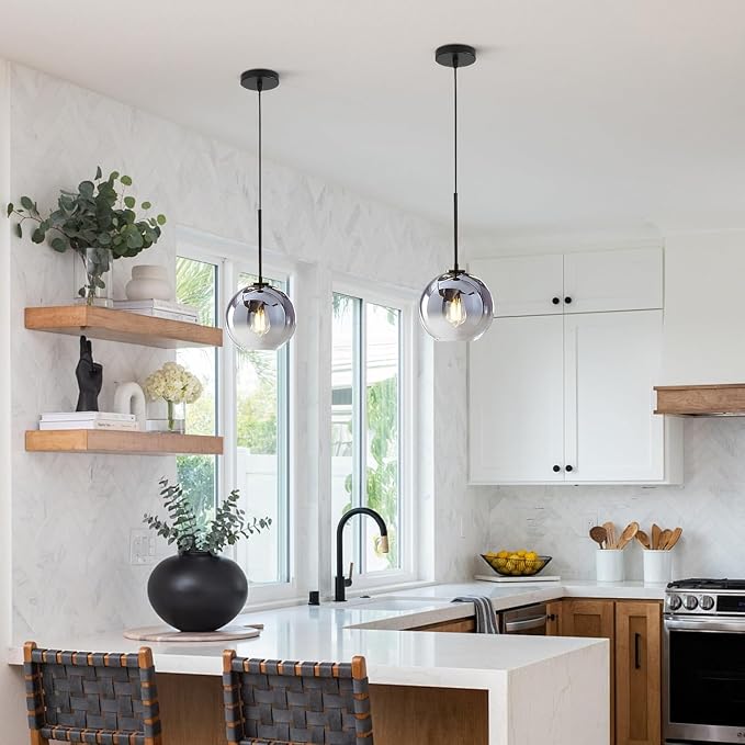 KCO Lighting Modern Black Globe Pendant Light Mercury Glass Ceiling Pendant Light Mid Century Silver Kitchen Pendant Lighting Over Island Dining Room Light Fixtures Over Table - Image 6