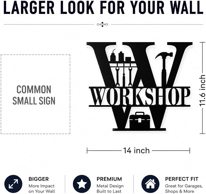 Workshop Metal Wall Decor, Garage and Tool Room Sign, 14 Inch | 14-inch matte black metal workshop sign with pre-drilled holes for garages, tool rooms, sheds, studios, and workspaces. - Image 9