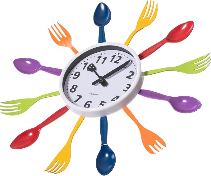 Clockswise Bulk Set of 10PC 14" Oversized Decorative 3D Cutlery Utensil Spoon and Fork Wall Clock, Multicolor Design for Vibrant Kitchen, Playroom, or Bedroom Decor, Battery-Operated Silent Sweep, - Image 3