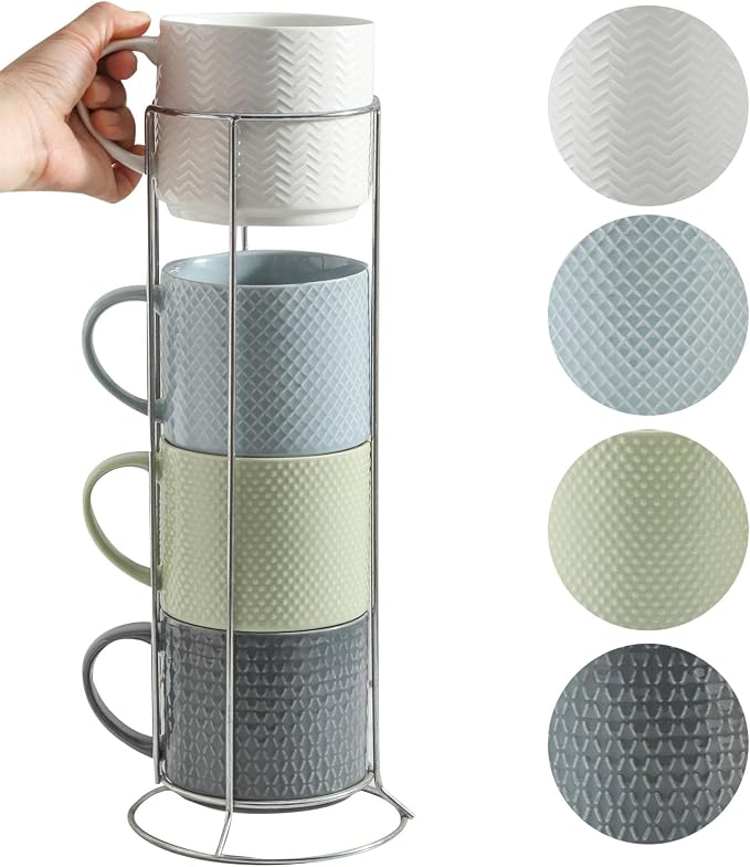 HASENSE Coffee Mugs with Metal Stand,15 oz Ceramic Stackable Mug Set Embossed Latte Cup, Ceramic Coffee Cups with Handle for Cappuccino and Tea, Multi Color by Hasense