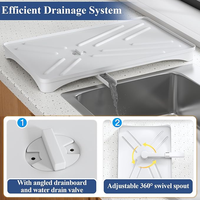 SNTD Dish Drying Rack for Kitchen Counter, 11.8" W x 16.7" L, White | Rustproof Stainless Steel, Large Capacity, Self-Draining Drainboard, Rotating Spout, Removable Utensil Holder - Image 3
