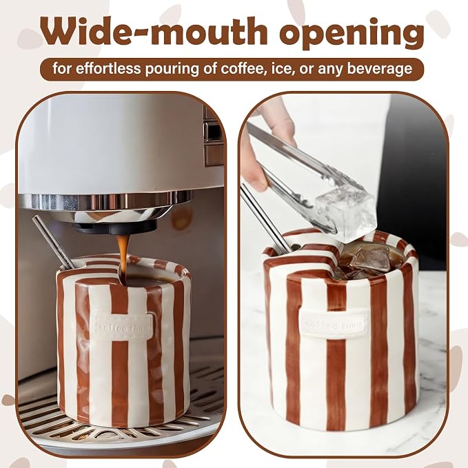 1 Pack Ceramic Coffee Mug with Sip Hole Espresso Cup 10oz with Straws Retro Hand Painted Striped Ceramic Iced Coffee Tea Travel Mug Latte Cup for Kitchen Dining (Simple,Brown) - Image 4