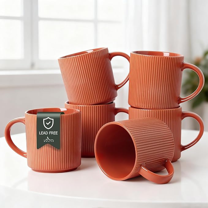 MONITO 16Oz Coffee Mugs Set of 6, Rustic Ceramic Coffee Cups Set with Large Handle, Vintage Striped Stoneware Coffee Mugs for Latte, Cocoa, Tea, Milk, Microwave & Dishwasher Safe, BRICK RED by MONITO