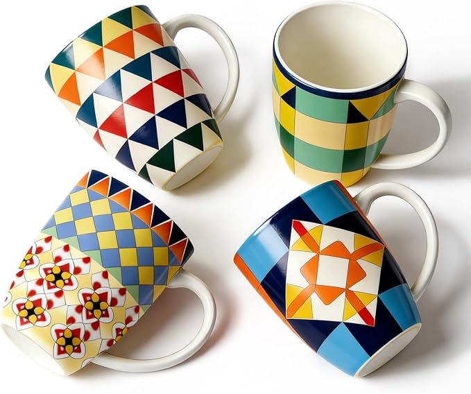 Bohemian Ceramic Coffee Mugs Set of 4, 15oz/450ml Geometric Pattern Tea Cups, Large Porcelain Mugs for Latte Cappuccino, Colorful Boho Drinkware Gift Set by Momugs