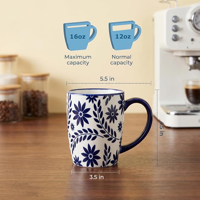 glowworm Coffee Mugs, 16 Ounce Ceramic Coffee Cups Set of 4, Blue & White | Large Latte Cups with Handle for Tea, Mocha, Milk, Perfect for Family Kitchen & Holiday Gifts, Dishwasher & Microwave Safe - Image 2