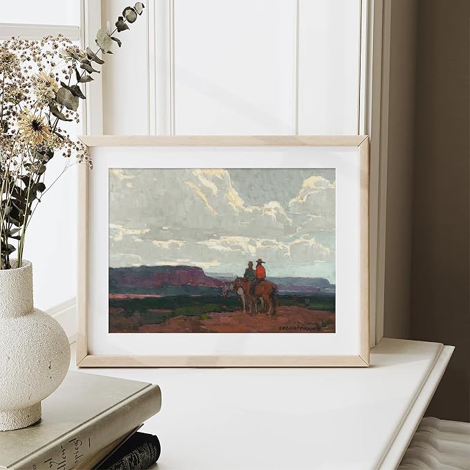 XOCUUI Western Cowboy Unframed Canvas Wall Art Vintage Print Oil Paintings, Horse Rider At Sunset Print Rustic Mountain Landscape Painting, Mid Century Antique Moody Retro Artwork Wall DéCor(8"X10") - Image 3
