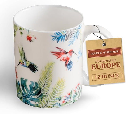 Maison d' Hermine Coffee Mug with Handles Tea Cups (12 Ounce, Pack of 1) | Fine Bone China Coffee Mugs for Hot Beverages Cappuccino Latte Home Restaurant Hotel Spring Summer -Tropiques - Colibris by MaisondHermine