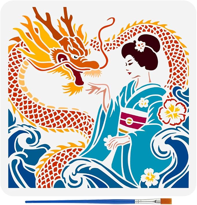 FINGERINSPIRE Japanese Geisha Painting Stencil with Brush 11.8x11.8inch Plastic PET Wave Dragon Drawing Template Decorative Hollowed Oriental Theme Stencil for Painting on Wood Canvas Fabric Clothes by FINGERINSPIRE