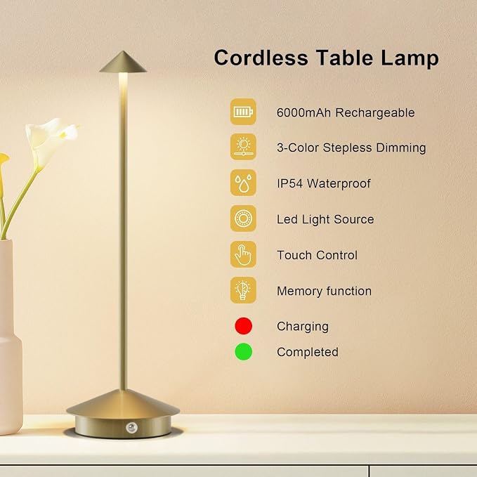 Cordless LED Table Lamps,Portable Battery Desk Lamp,2 Pack,Gold | 6000mAh Rechargeable,3000K/4500K/6000K Touch Stepless Dimming,Aluminum IP54 Waterproof Wireless Lighting for Outdoor/Indoor - Image 3