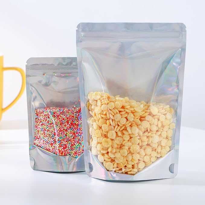 150 Pcs Mylar Bags for Food Storage, 7x10 Mylar Bag with Window Stand Up, Large Holographic Resealable Bags Smell Proof Bag Food Packaging for Small Business Freeze Dried Candy Jewelry Foil Packaging - Image 3