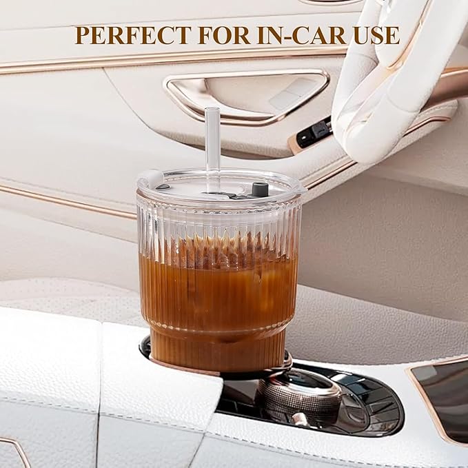 20oz Glass Tumblers with Lids and Glass Straws, Thickened for Iced Coffee, Smoothies,Cocktails and Juices-Elegant Durable for Home, Office,Travel (Clear)